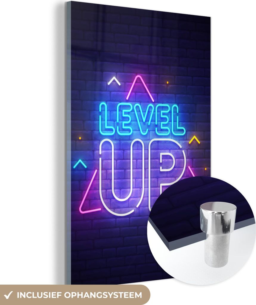 MuchoWow Glasbilder - Bilder auf Wandbild - Foto auf Glas Spiele - Neon - Level Up - Zitate - Spiele 80x120 cm Wanddekoration aus Glas - Acrylglasb...