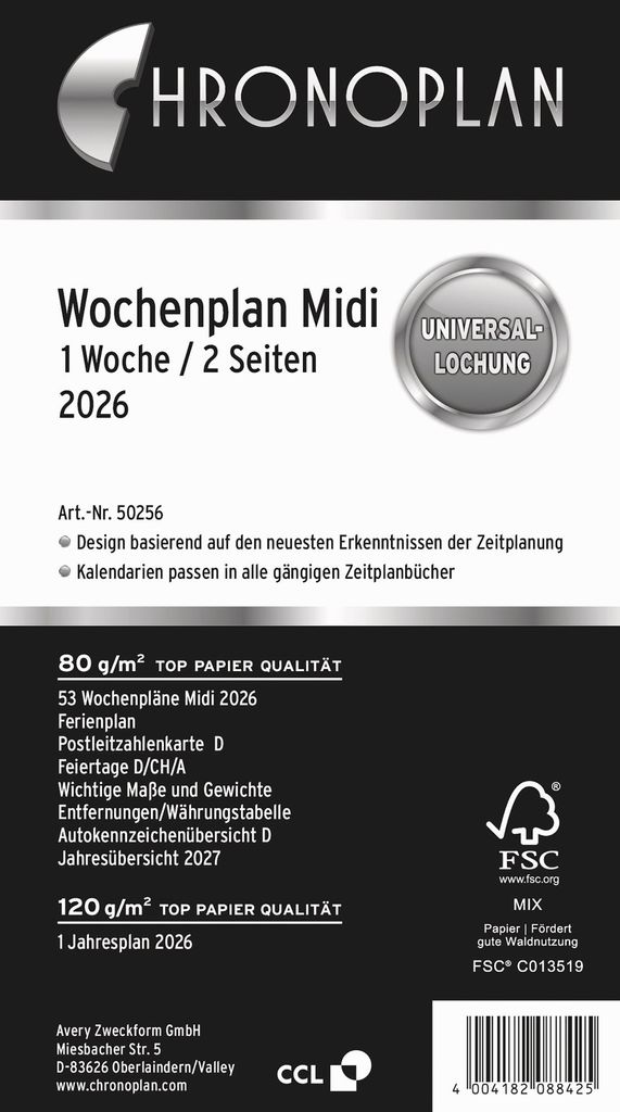 CHRONOPLAN Wochenplan 2026 1 Woche/2 Seiten Midi Zahlen Produktbild 