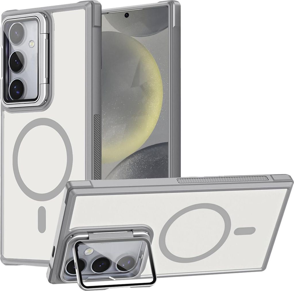 Conie MagSafe Schutzhülle für Samsung Galaxy S24 FE Hard Case Kunststoff Kamera Schutz Cover Hülle magnetisch mit Ständer in Grau