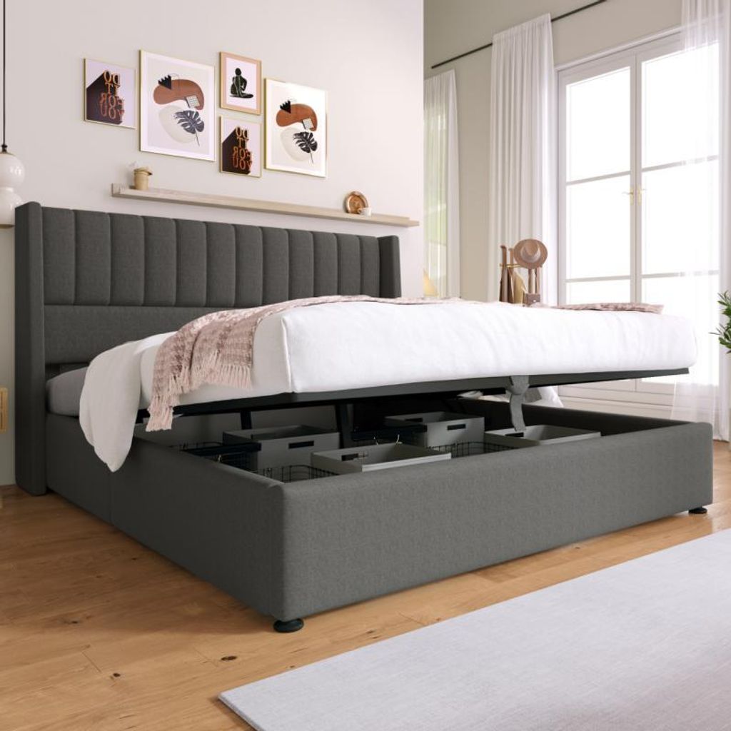 Hydraulisches Stauraumbett 160x200 cm – Elegantes Doppelbett mit hochwertigem Leinenbezug und gepolstertem Kopfteil, Grau