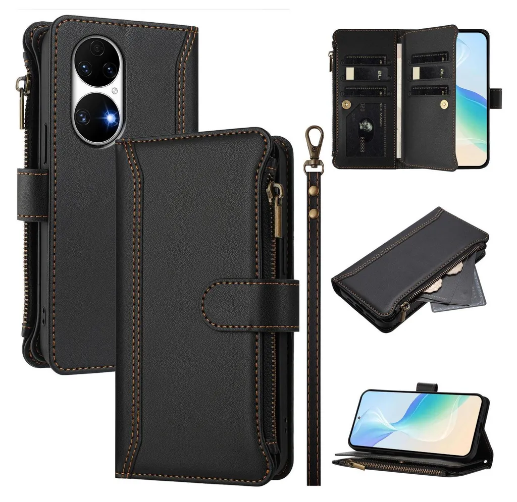 Huawei P50 Wallet Case: Protezione 360° con Zip e Cinturino Nero