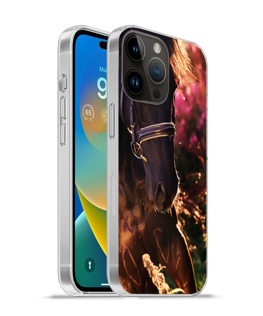 MuchoWow Handyhülle Schutzhülle Hülle für Apple iPhone 14 Pro Max Pferd - Sonne - Porträt Silikon Softcase Handy Hülle - Hardcover