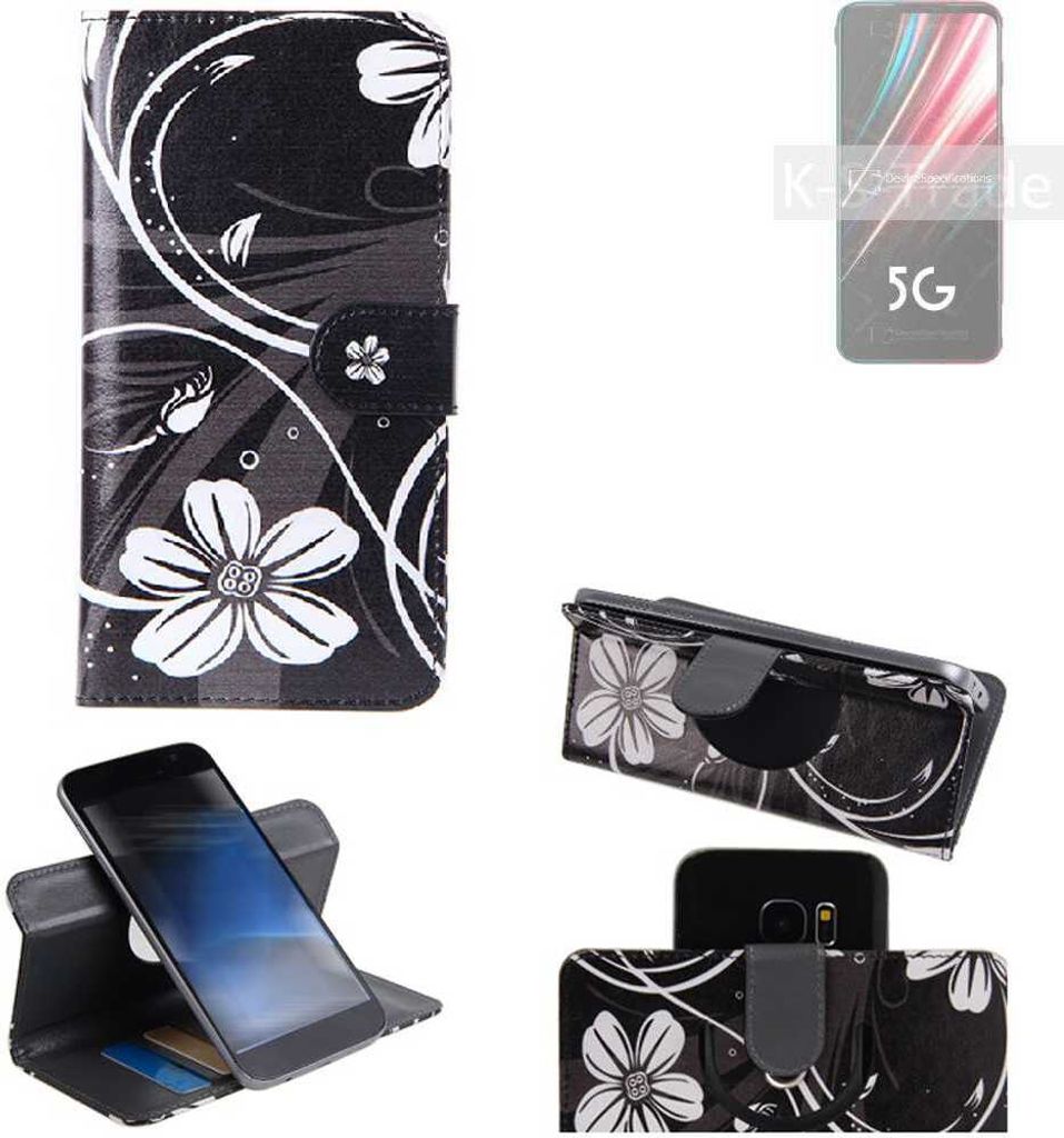 K-S-Trade Schutzhülle Handyhülle kompatibel mit nubia Red Magic 5G Hülle 360° Wallet Case ''Flowers'' Klapphülle Hülle schwarz-weiß 1x