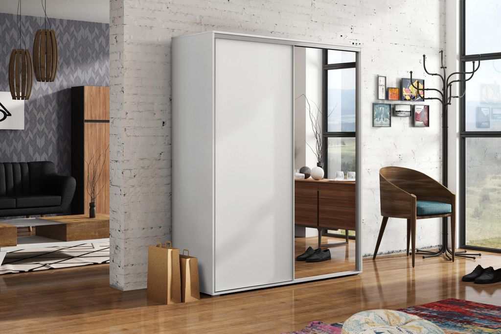 A20 Kleiderschrank mit Schiebetür und Spiegel - mit Einlegeböden und Kleiderstange - für Garderobe, Schlafzimmer -Weiß - 150 cm B, 245 cm H, 62...