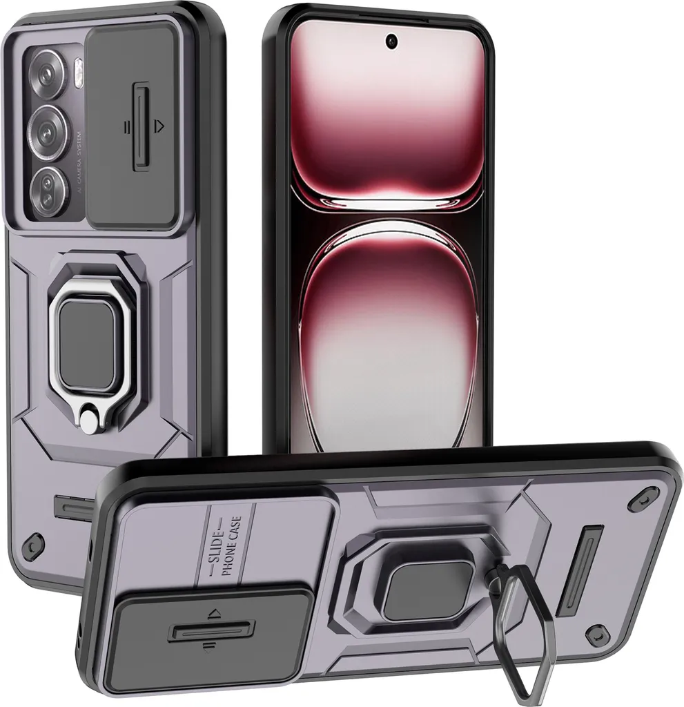 Custodia per Oppo Reno12 Pro a doppio strato con protezione scorrevole della fotocamera e supporto ad anello, supporto Viola