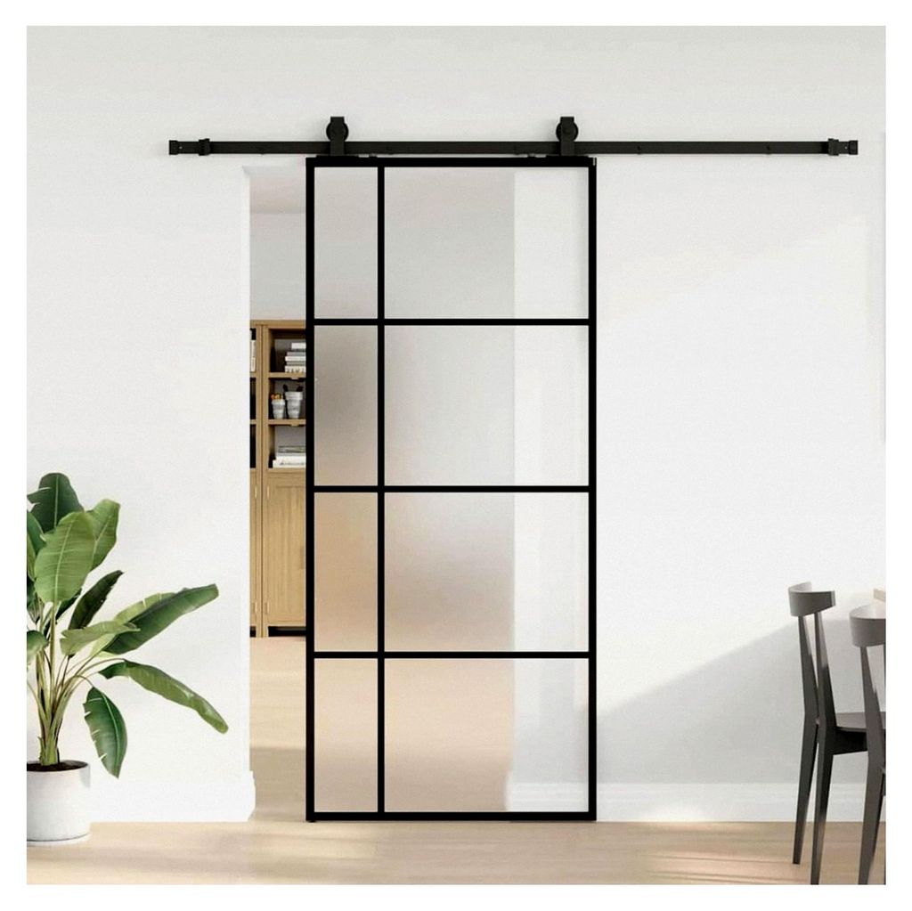 Schiebetür aus ESG-Glas mit Stahlgleitschienen, transparent/schwarz, 90x205cm