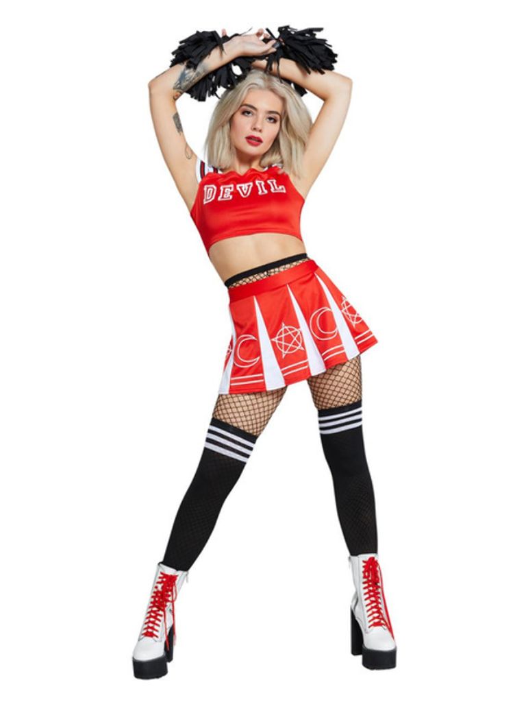 Duivel Cheerleader "Devil" Dame Wit-Rood Kostuum M