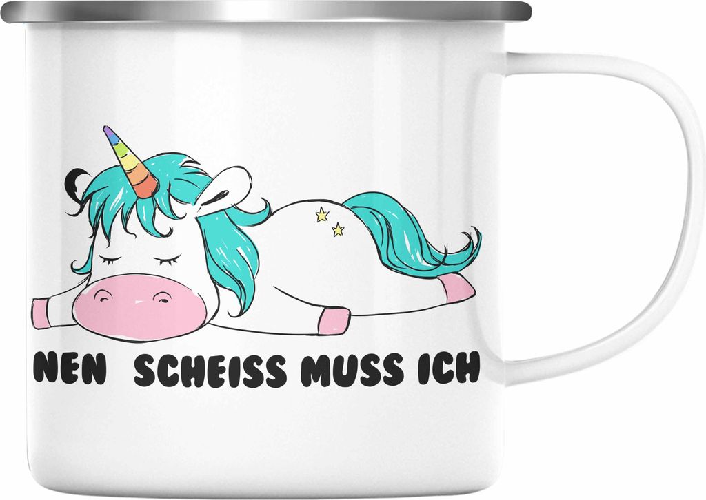 Trendation - Lustige Emaille Tasse Sarkastischer Spruch - Nen Scheiss Muss Ich - Einhorn Grafik Emaille Tassen für Kinder Frauen Freundin Geschenk...