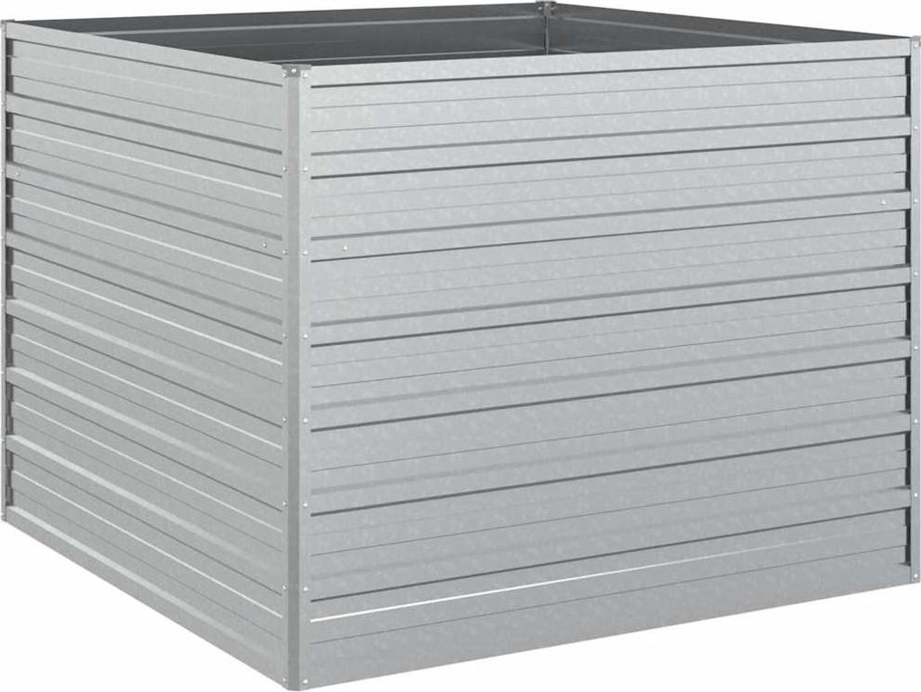 A silver, rectangular raised garden bed made of galvanized steel.