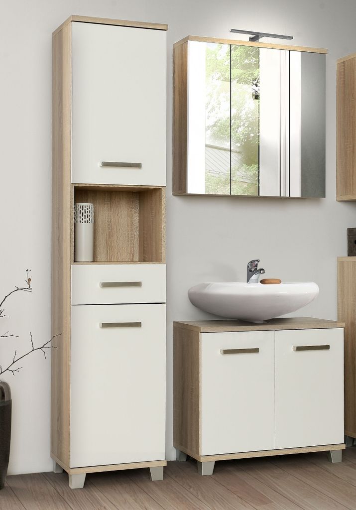 Badezimmer-Set >Aggi< (3-teilig) in Sonoma Eiche Nachbildung / Hochglanz weiss
