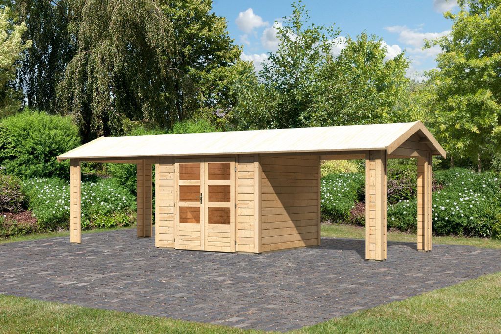 Karibu Gartenhaus Gerätehaus Theres 3 im Set mit 2 Dachausbauelement naturbelassen 720x244x242 cm
