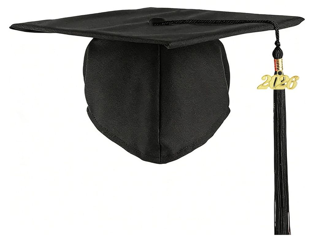 Bachelor-Abschlusshut 2026, glatte Oberfläche, quadratisches Kronendesign, goldene Quaste mit Jahreszahl-Verzierung