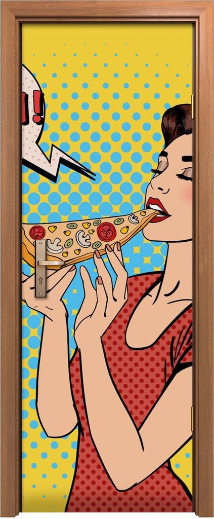Türposter 70x200 cm Türaufkleber Türtapete Türfolie Klebefolie Pop Kunst Junge Frau beim Pizza essen
