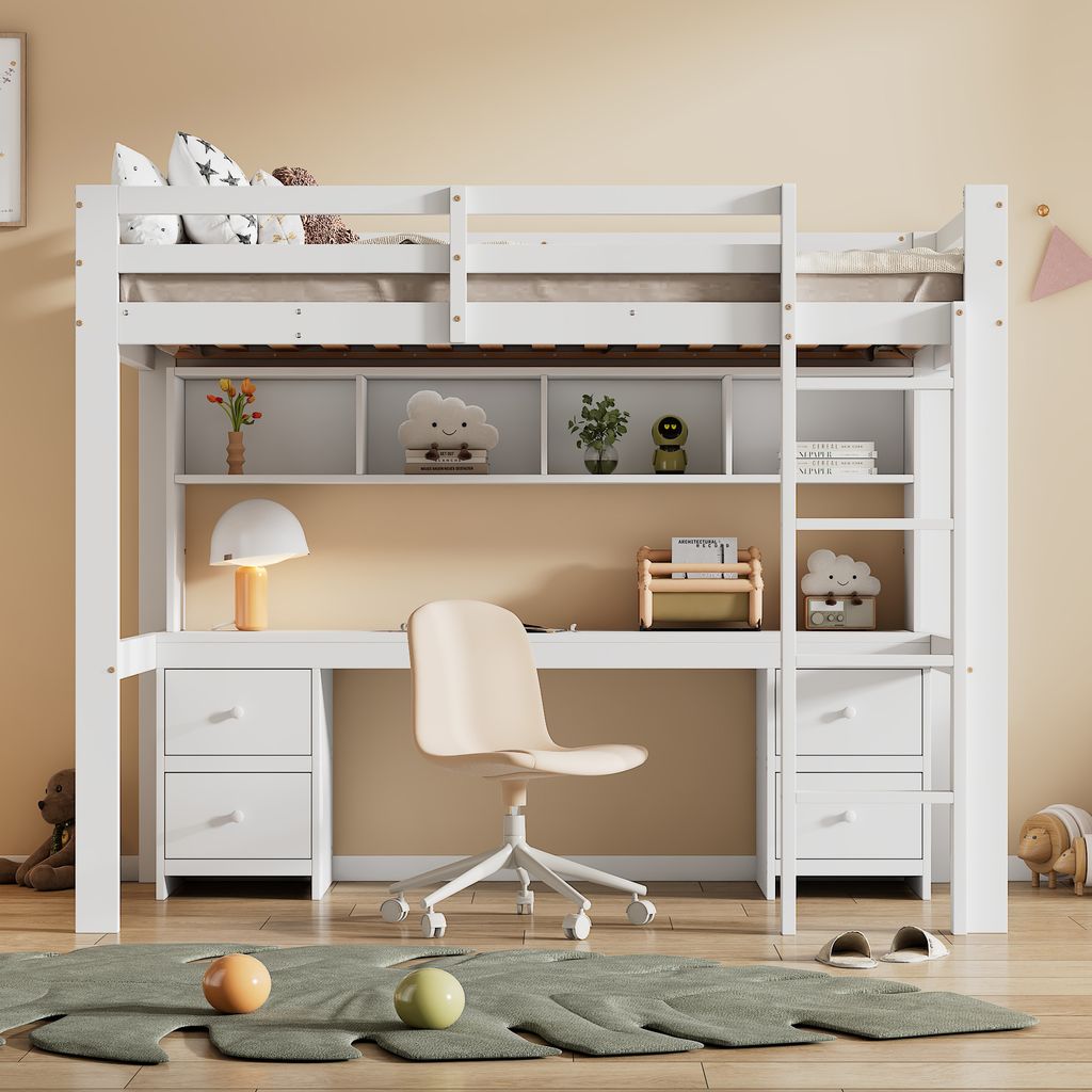 A white loft bed with a desk and shelves underneath, set in a child's room.