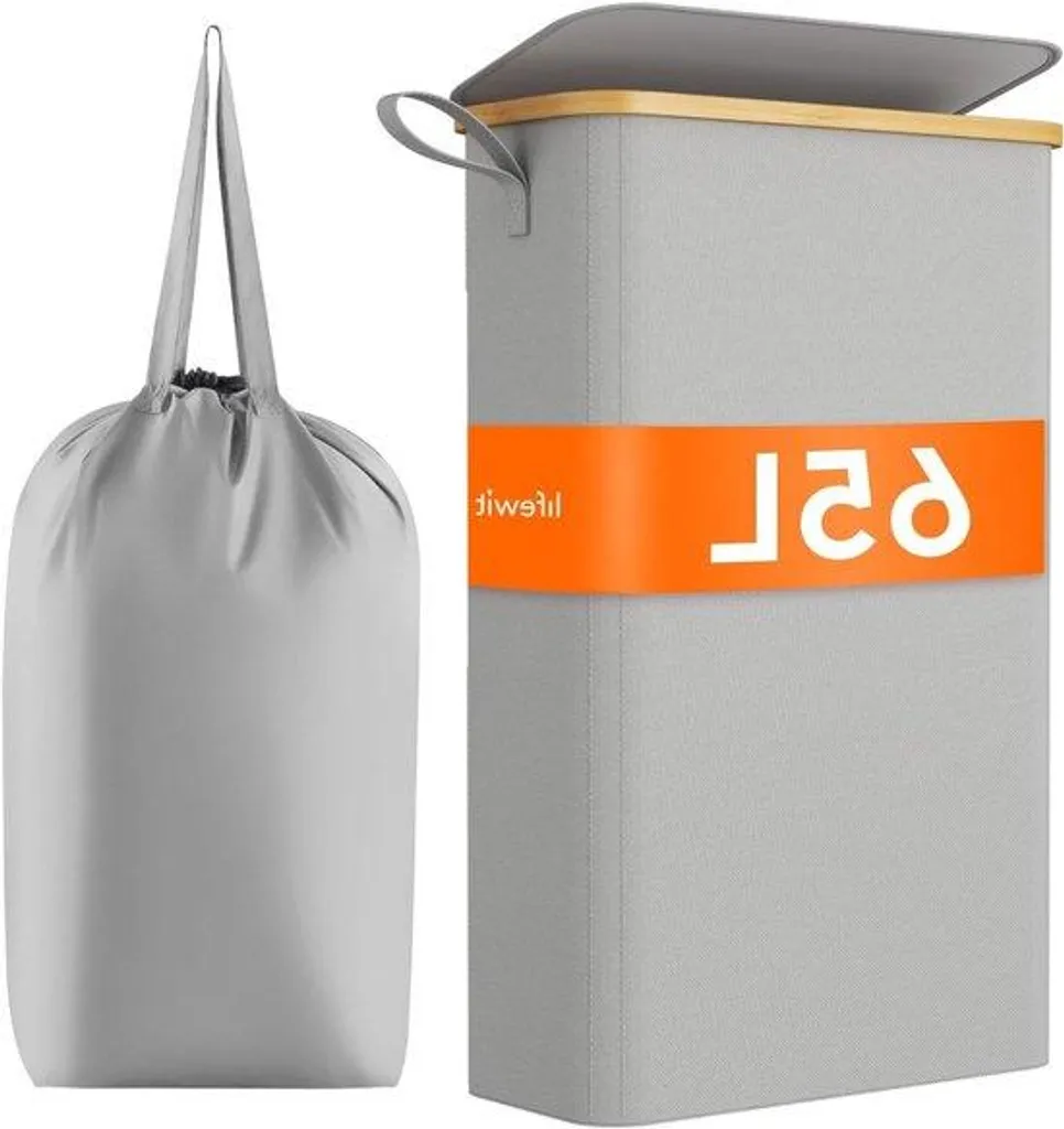 Corbeille à linge fine 65L, bac de rangement étroit en bambou et tissu