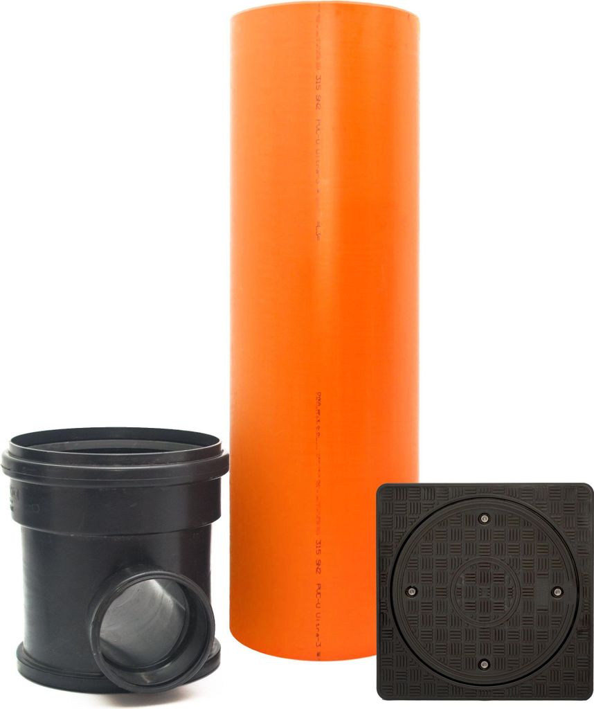 KG Schacht DN315 1-Fach-Zulauf DN 160, KG Rohr Kanal Entwässerung, Deckel quadratisch voll, Komplett SET