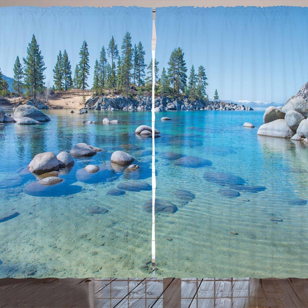 ARANDE Landschaft Gardine, Lake Landschaft Mit Bäumen Und Felsen Kräfte Des Universums Earth Art Druck, 280 x 175 cm, Blau grau Grün Grau