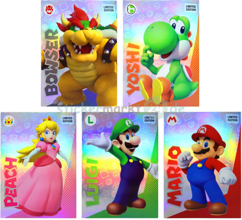 Panini Super Mario Sticker - Play Time - Limited Edition Card - Bowser+Yoshi+Peach+Luigi+Mario Gold Karte