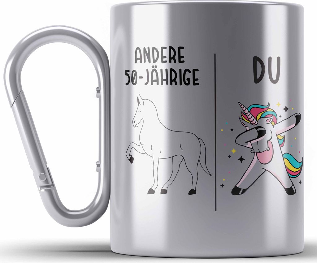 Trendation - 50. Geburtstag Frauen Edelstahl Tasse Karabiner Einhorn Geschenk Geschenkidee 50er Geburtstag Mutter Mama (Silber)