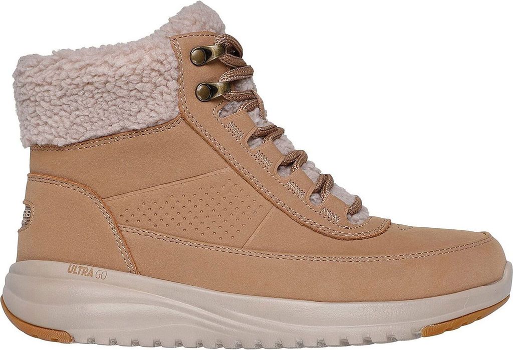 A single brown Skechers boot with a fluffy lining is shown against a white background.