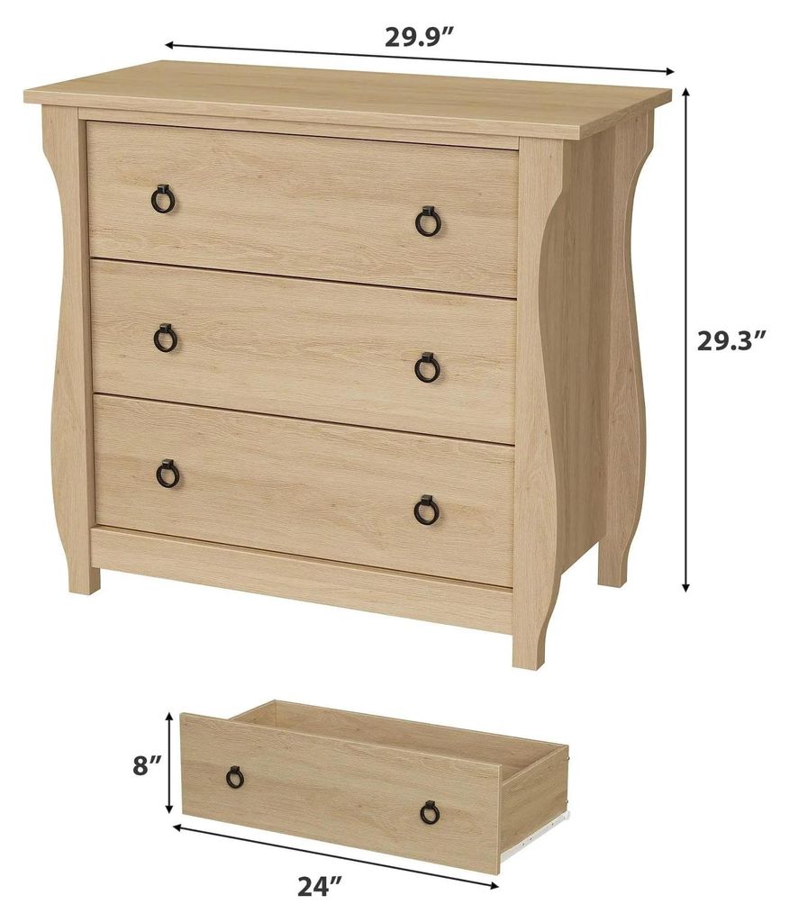 Kommode - Sideboard mit 3 Schubladen - Moderner Wäscheschrank - Tiefe Schubladen - Retro Metallgriffe - Holzfüße - Holzoptik