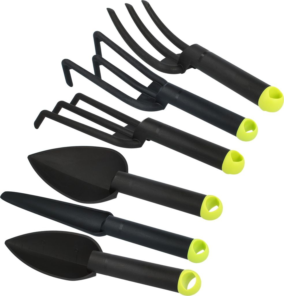 com-four 6-teiliges Premium Garten-Werkzeug Set - Klein-Grubber, Blumen-Kelle, Pflanzen-Kelle, Blumen-Gabel, Rechen und Unkraut-Stecher - für Ga...