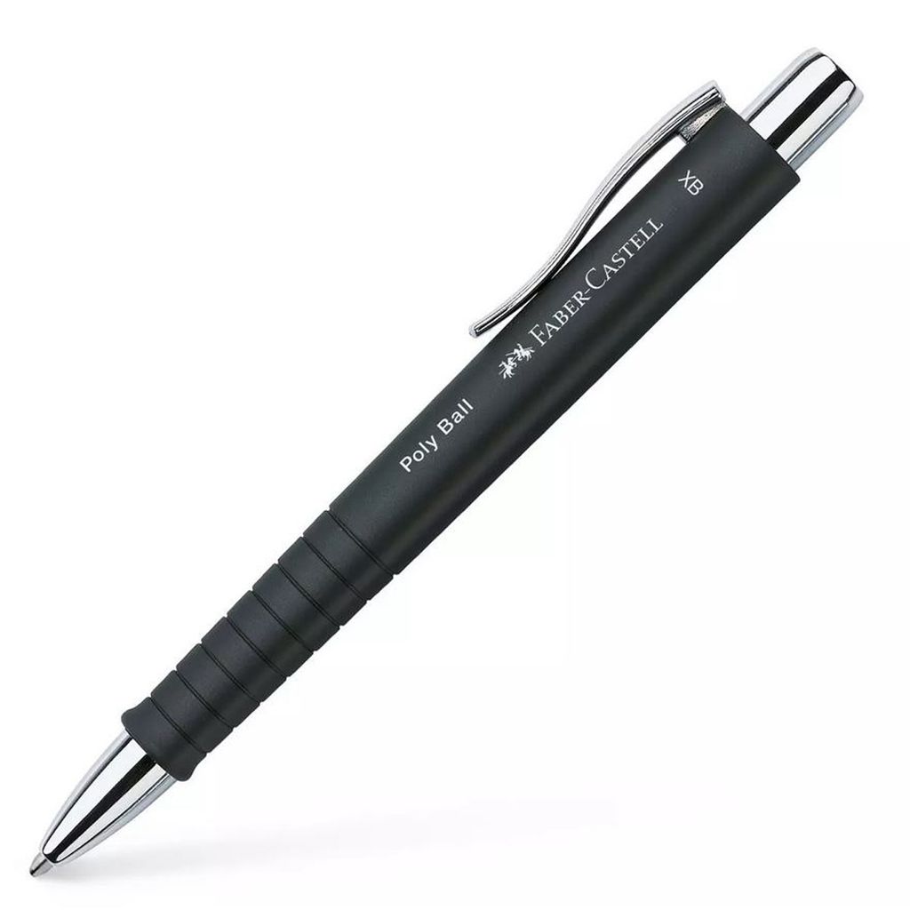 A black Faber Castell ballpoint pen with silver accents is shown against a white background.