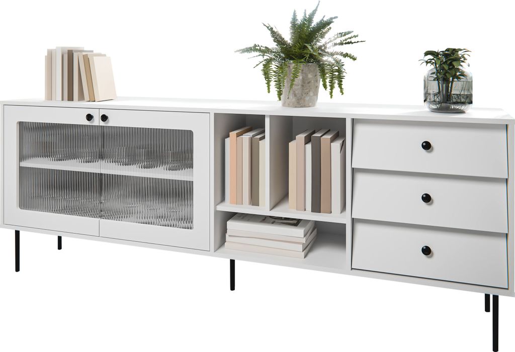 MIRJAN24 Sideboard Valerio 200, Kommode mit zwei Drehtür, drei Schubladen und Regal, Wohnzimmer Kollektion (Farbe: Weiß)