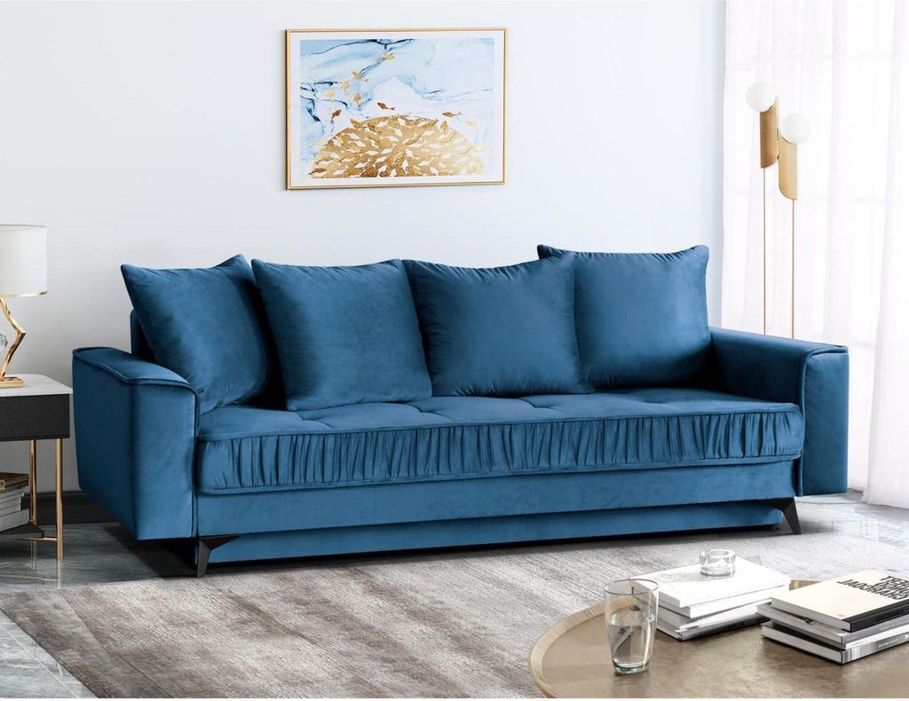 Stilvoll Schlafsofa für 3 Personen Monaco Sofa mit Schlaffunktion Bettkasten Dreisitzer aus Veloursbezug, Farbe: Blau