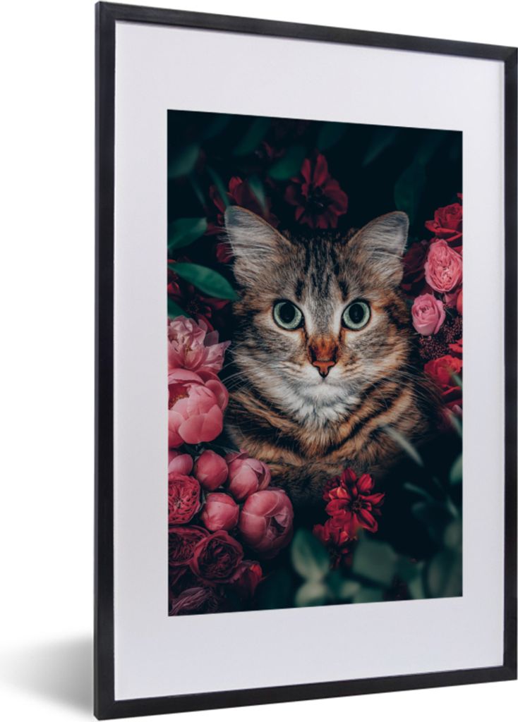MuchoWow Gerahmtes Poster Katze - Blumen - Blätter - Botanisch 40x60 cm - Poster mit Schwarzem Bilderrahmen Wandposter Rahmen Foto Bilder - Post...