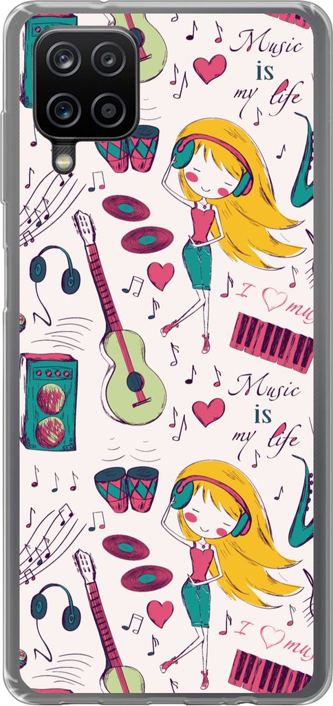MuchoWow Handyhülle Schutzhülle Hülle für Telefoonhoesje Samsung Galaxy A12 Mädchen - Musik - Kopfhörer - Muster - Mädchen - Rosa - Kinder...