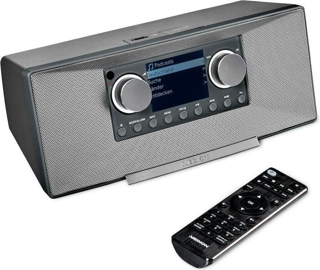 A gray MEDION internet radio with a remote control in front of it, on a white background.