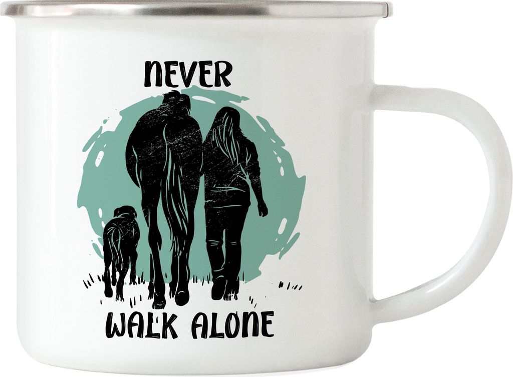 Never Walk Alone Emaille Tasse Tiere Tierliebe Pferd Hund Pferdeflüsterer Natur Wald Spaziergang Liebe Reiten