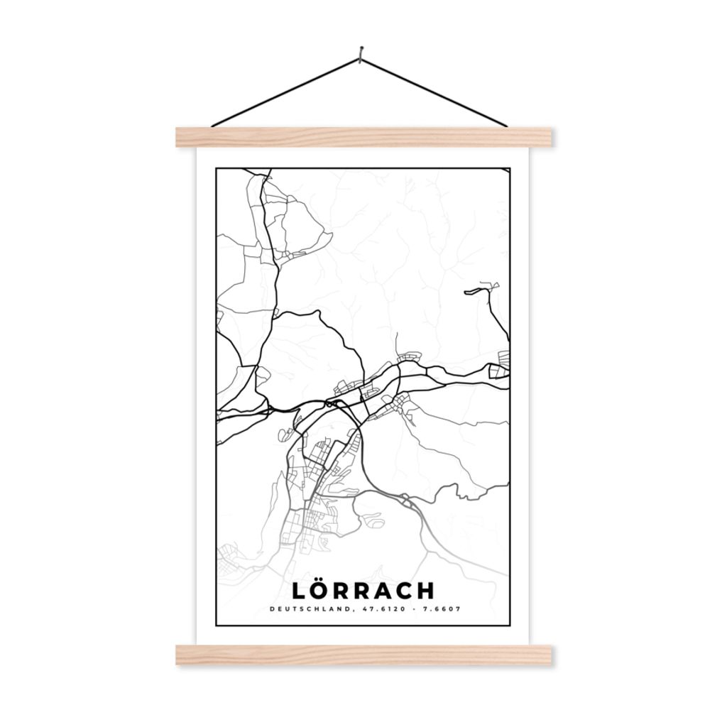 MuchoWow Textilposter Karte - Lörrach - Stadtplan 40x60 cm mit holzfarbenen Rahmen - Poster