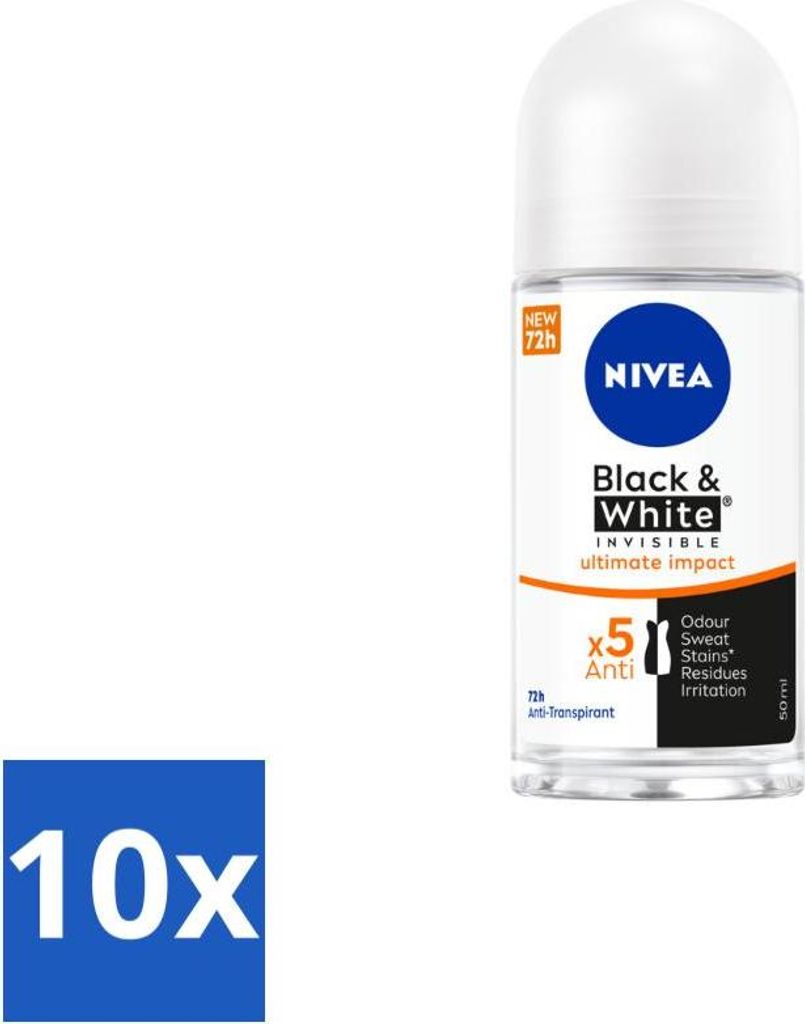 NIVEA - Deodorant Roller - Black & White Ultimate Impact - 72 Stunden Antitranspirant - 50 ml - Vorteilspack - 10 Stücke