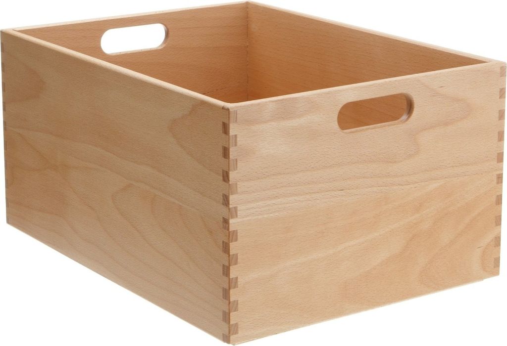A wooden storage box with handles on a white background.