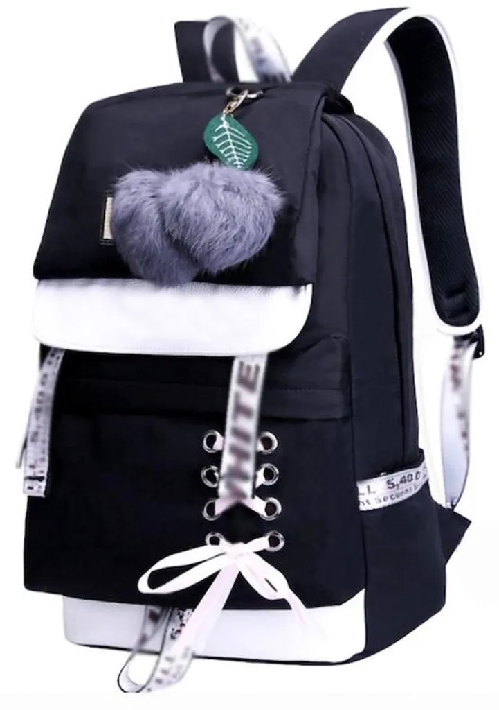 Sac à dos enfant noir et blanc en nylon avec port USB 42x30x16cm
