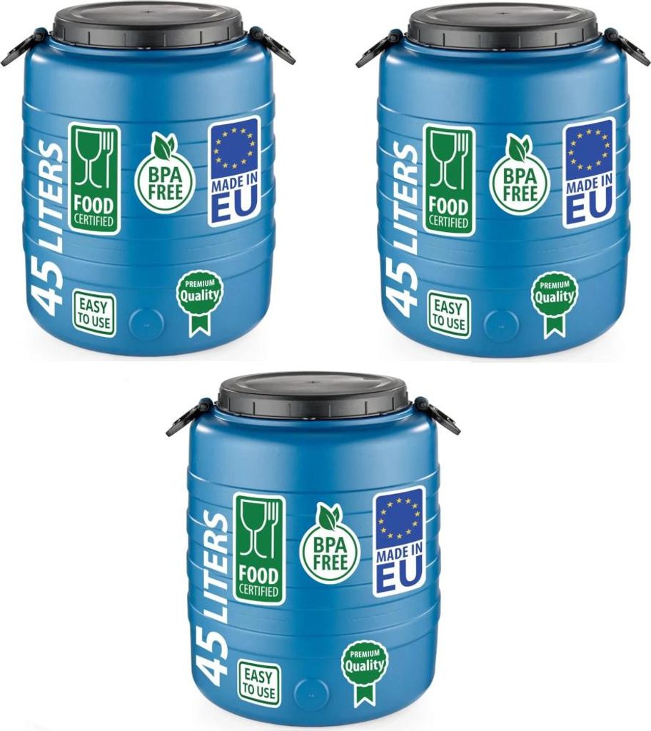 3er Set Weithalsfass Fasssilage Gepäcktonne Gärfass Gärbehälter Futtertonne 45 Liter mit Deckel blau