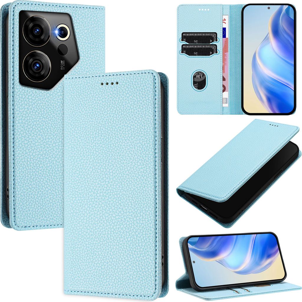 Litchi Leder Handyhülle für Tecno Camon 20 Premier 5G Wallet Kartenfächer Standfunktion Hülle Hellblau