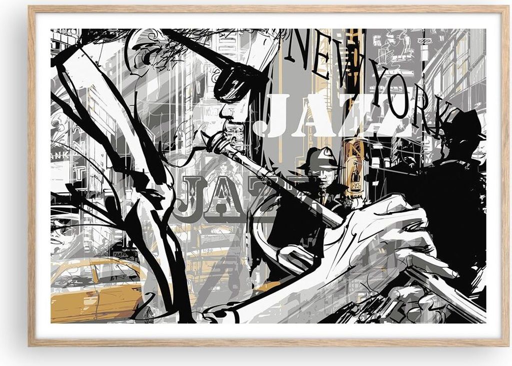 Gerahmtes Poster - Rahmen in heller Eiche - Jazz Musik Musiker - 100x70 cm - Wand Bild - Wanddeko - Wandbilder - Wandposter - Bilderrahmen - Bilder...