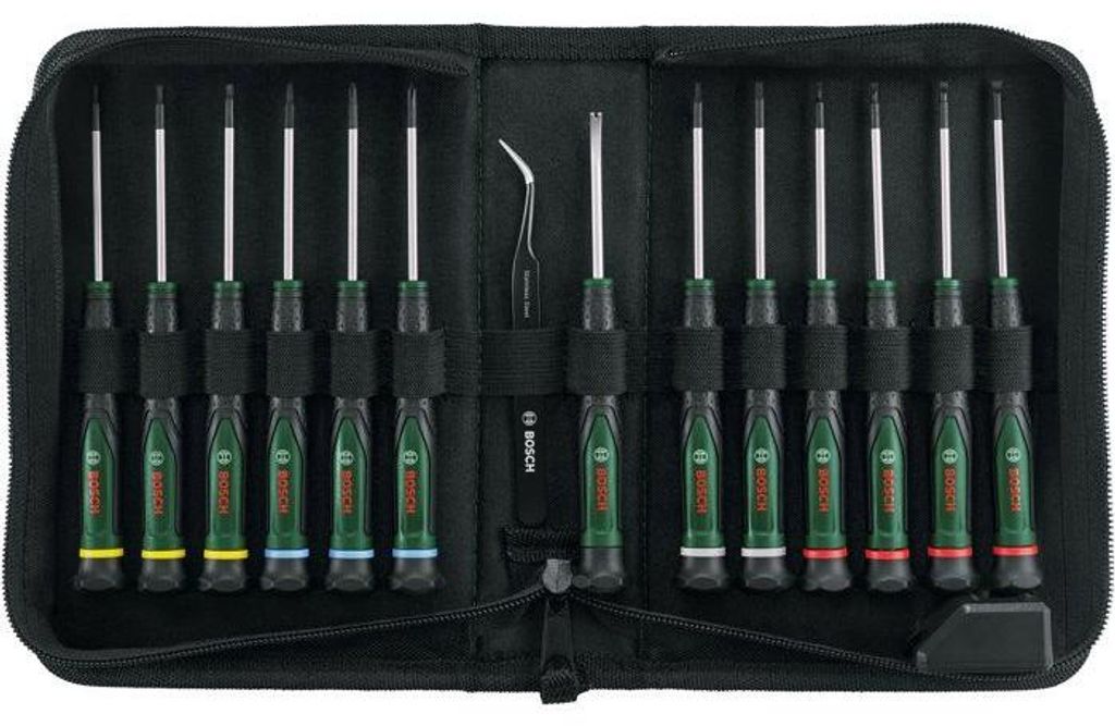 Präzisions-Schraubendreher Set BOSCH, 15-teilig, S2 Stahl, Magnetisch, Farbcodiert, Inkl. Mini-Magnetisierer & Pinzette