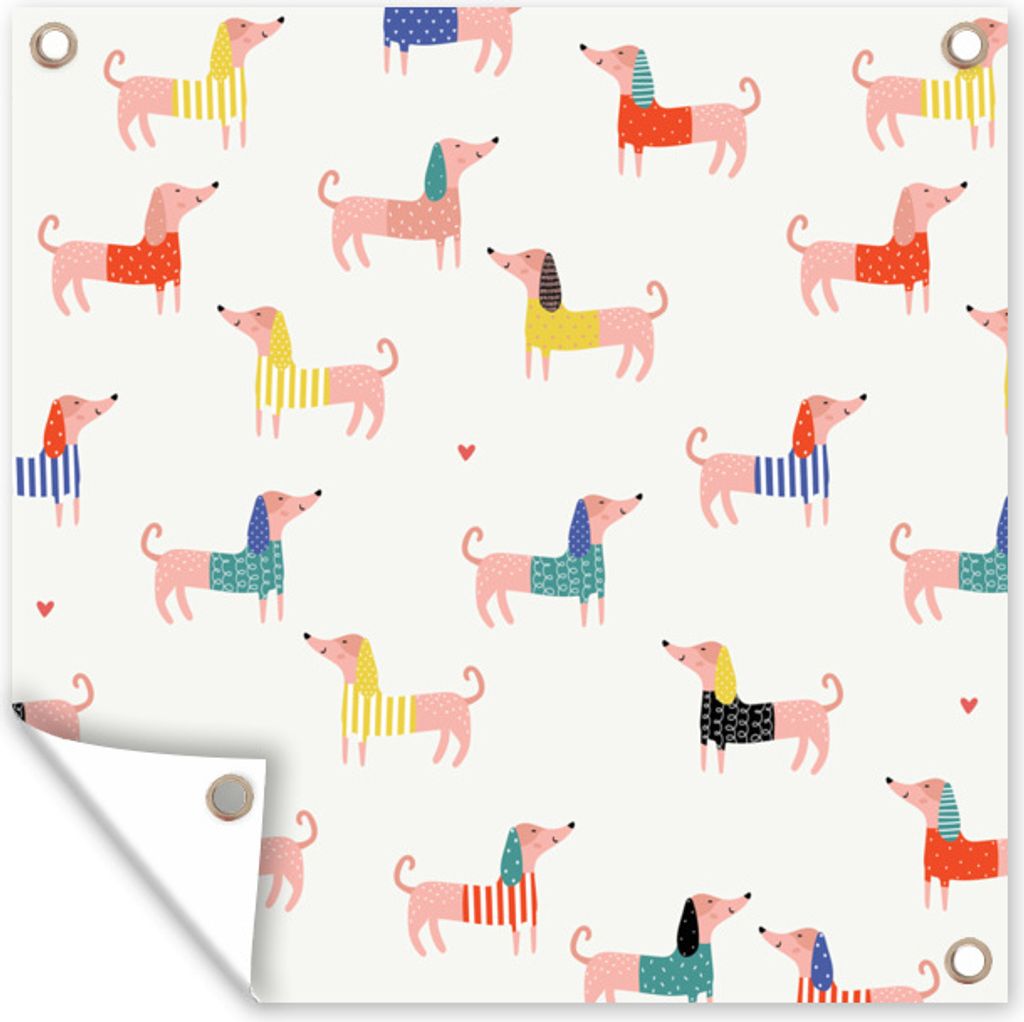 MuchoWow 100x100 cm Outdoor-Poster Gartendeko Sichtschutz Garten Poster für den Garten Hund Illustration mit Dackel vor weißem Hintergrund