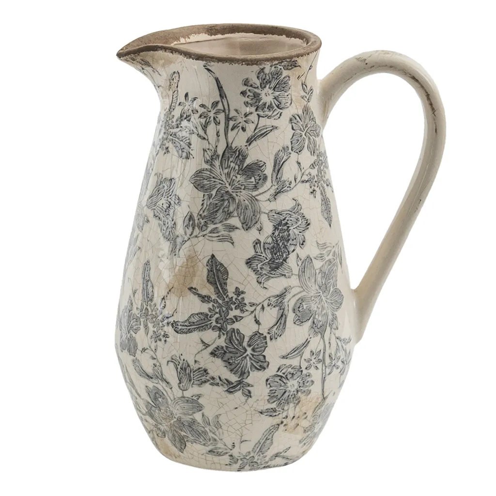 Clayre & Eef Brocca Decorativa Ceramica 25 cm Fiori Grigio Beige Modern