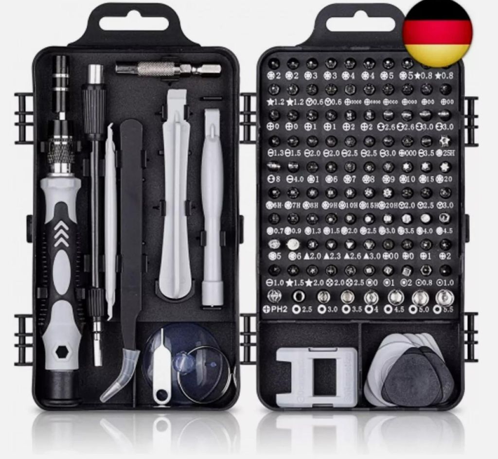 A black carrying case open to reveal a set of precision screwdrivers and bits.