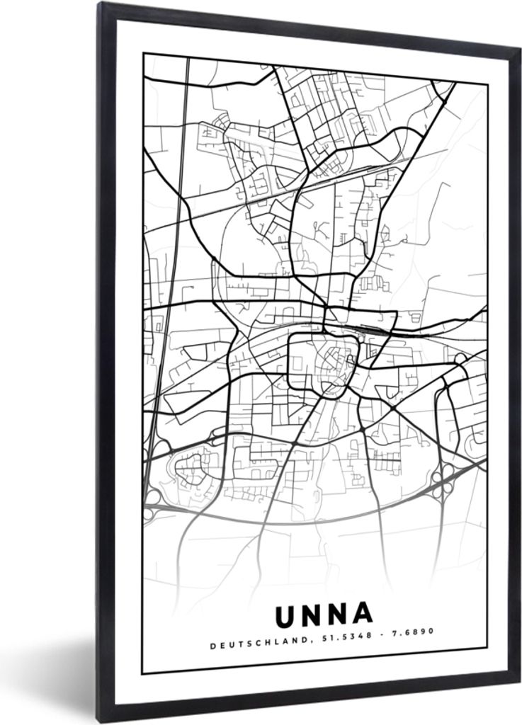MuchoWow Gerahmtes Poster Karte - Unna - Karte - Stadtplan 20x30 cm - Poster mit Schwarzem Bilderrahmen Wandposter Rahmen Foto Bilder - Drucken -...