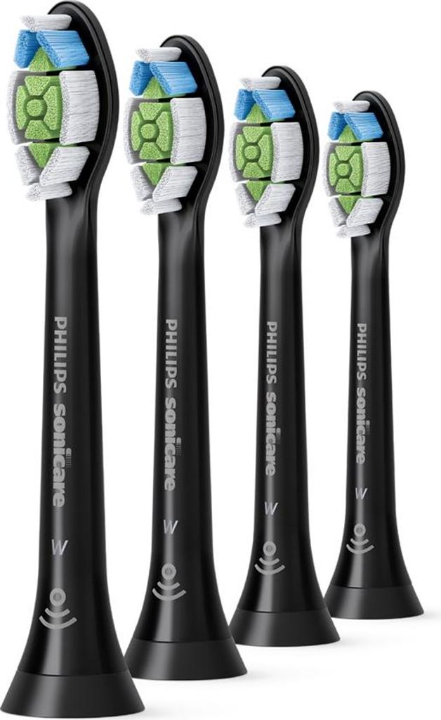 Four black Philips Sonicare toothbrush heads are arranged in a row against a white background.