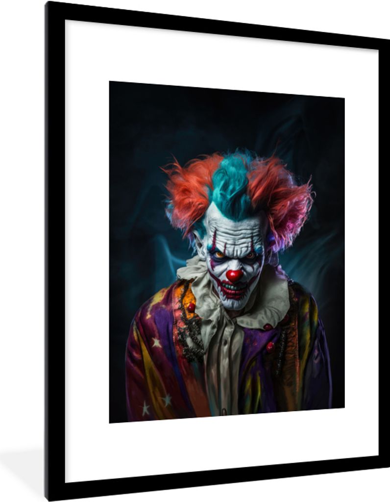 MuchoWow Gerahmtes Poster Clown - Make-up - Kostüm - Porträt - Horror 60x80 cm - Poster mit Schwarzem Bilderrahmen Wandposter Rahmen Foto Bilde...
