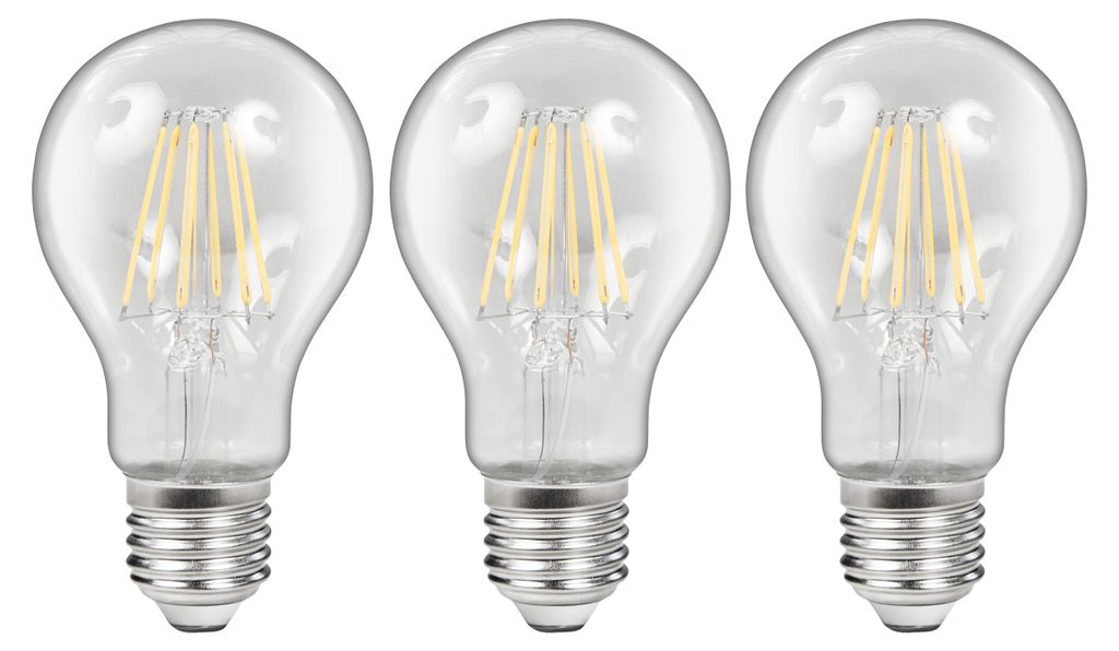 Three clear LED filament light bulbs with silver bases are arranged in a row against a white background.