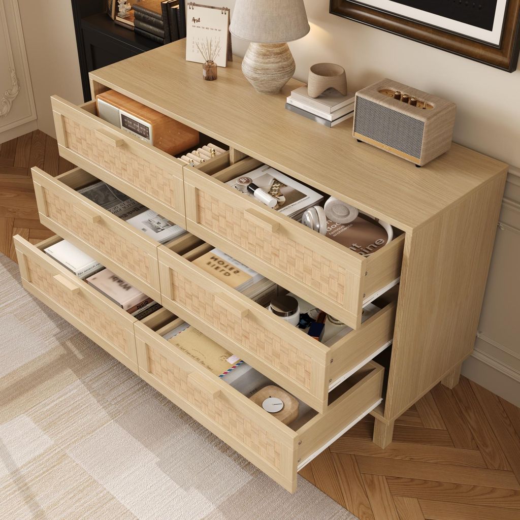 okwish 120×40×77 cm Sideboard aus Naturholz mit sechs Schubladen, Schrank und Buffetschrank in Rattanoptik,Beistellschrank mit viel Stauraum