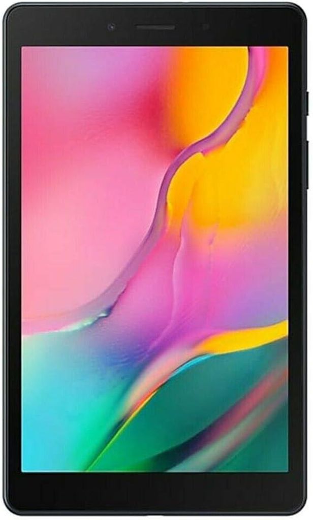 A black Samsung Galaxy Tab A 8.0 2019 tablet with a colorful wallpaper displayed on its screen.
